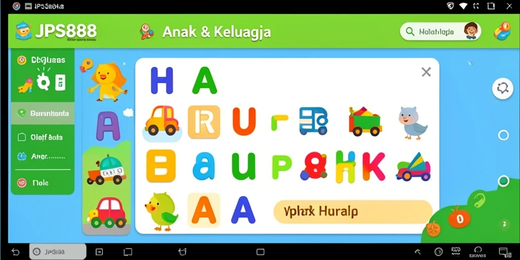 Tampilan antarmuka aplikasi JPS888 yang menarik untuk belajar huruf dan angka.